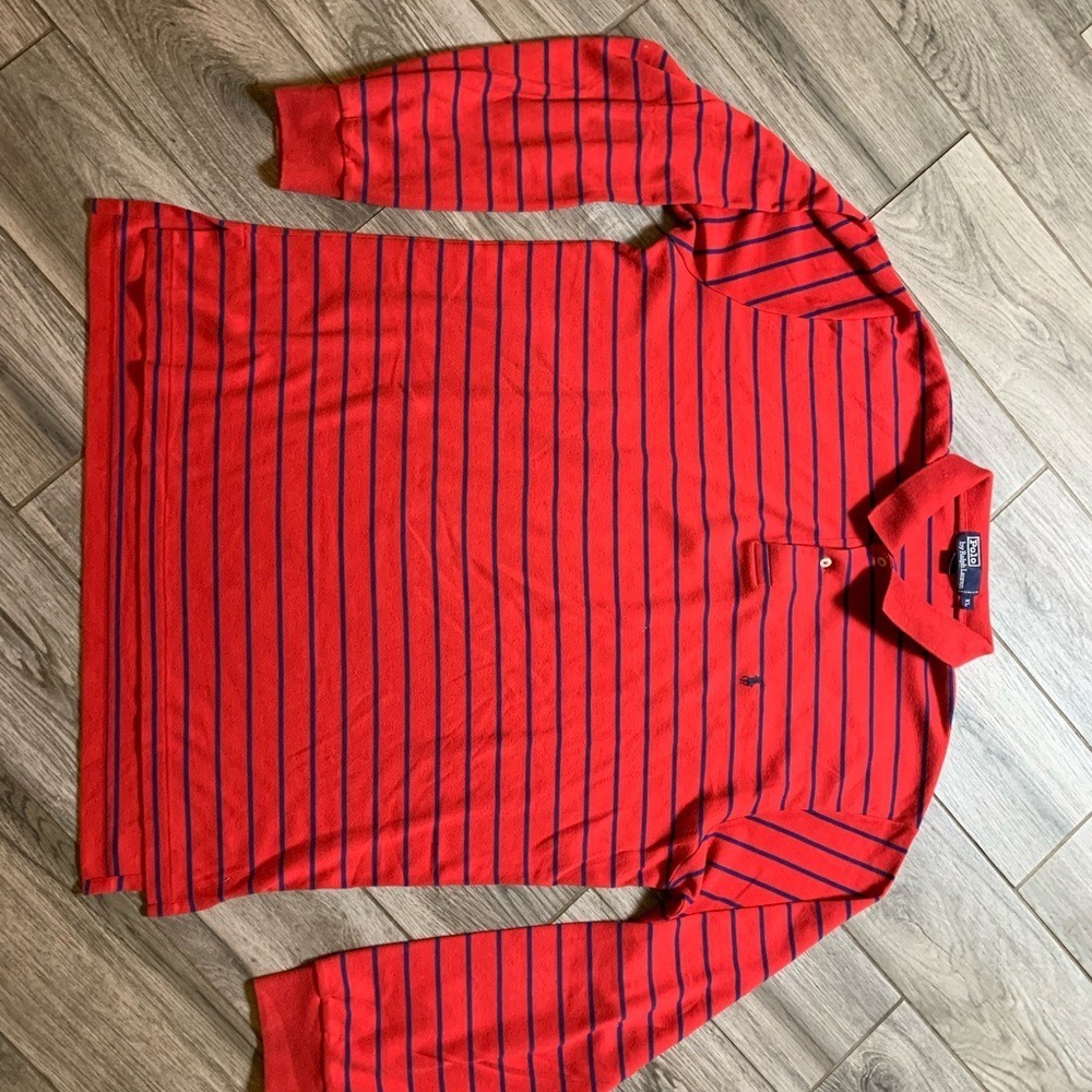 Polo Ralph Lauren Mens XL Long Sleeve Polo Shirt Striped Red Navy Blue Cotton - Picture 7 of 7
